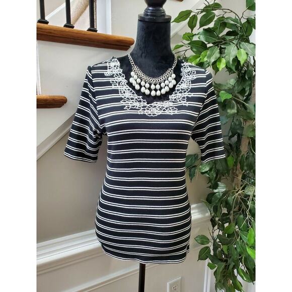 Tommy Hilfiger Women's Black Striped Cotton Scoop Neck Short Sleeve Top Shirt M - Picture 1 of 12